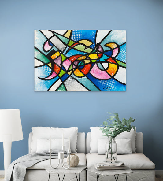 Samir Calligraphy painting in a living room with beautiful setting to show the amazing colors